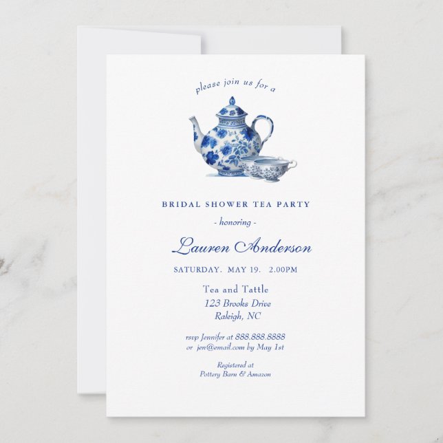Invitación a la ducha de novia en tetera azul y bl (Anverso)