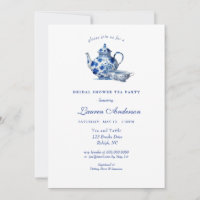 Invitación a la ducha de novia en tetera azul y bl