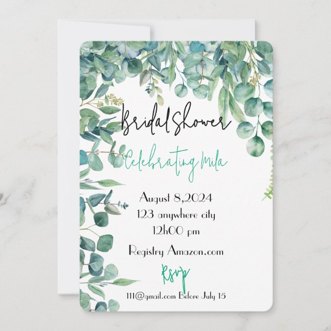 invitación a la ducha de novia eucalipto (Anverso)