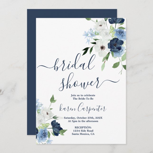 Invitación a la ducha de novia floral azul de la m (Anverso / Reverso)