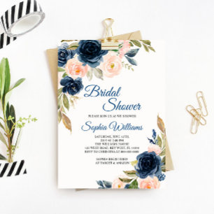 Invitación a la ducha de novia floral azul y Rubor
