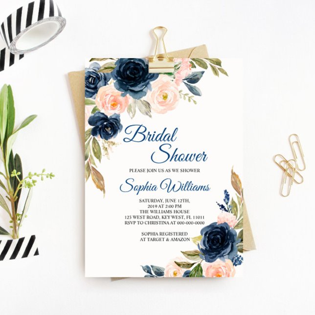 Invitación a la ducha de novia floral azul y Rubor (Subido por el creador)
