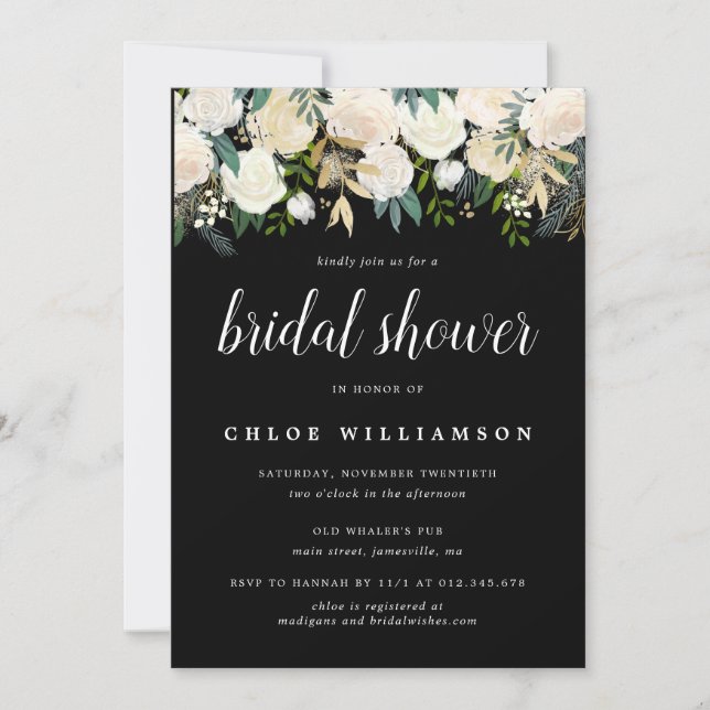 Invitación a la ducha de novia floral blanca rosa  (Anverso)