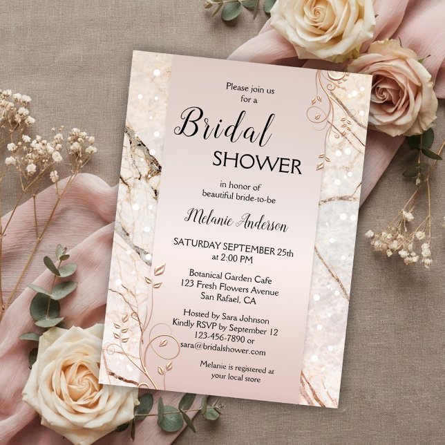 Invitación a la ducha de novia floral con Rosa de  (Bridal shower invitation featuring rose gold floral swirls on a blush pink with marble background)