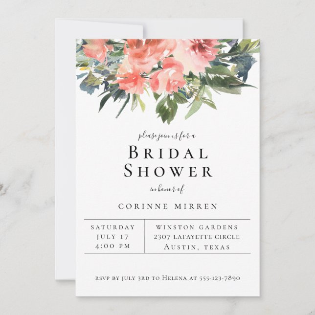Invitación a la ducha de novia floral coral de la  (Anverso)