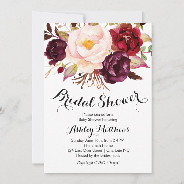 Invitación a la ducha de novia floral Cranberry Ma (Anverso)