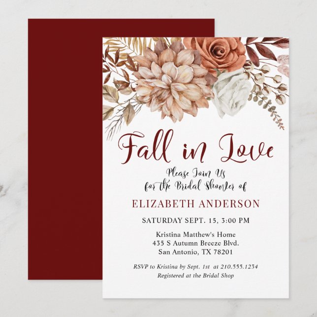Invitación a la ducha de novia floral de Borgoña F (Anverso / Reverso)
