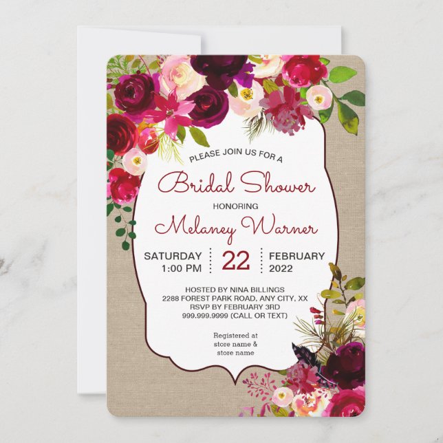 Invitación a la ducha de novia floral de Burgundy  (Anverso)