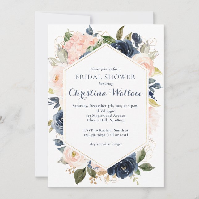 Invitación a la ducha de novia floral de la marina (Anverso)