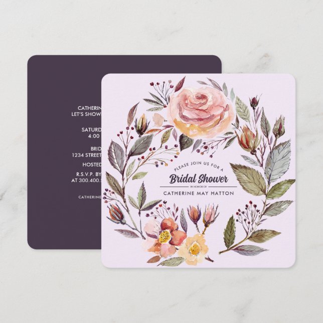 Invitación a la ducha de novia floral de plumas pú (Anverso / Reverso)