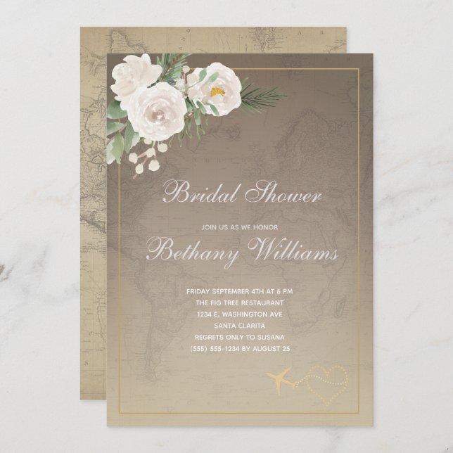 Invitación a la ducha de novia floral en mapa de é (Anverso / Reverso)