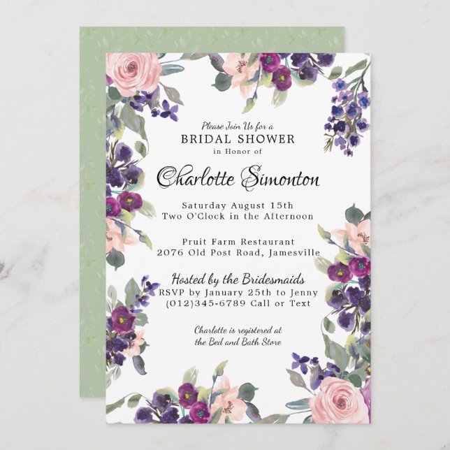 Invitación a la ducha de novia floral moderna Plum (Anverso / Reverso)