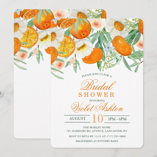 Invitación a la ducha de novia floral Naranja de a (Anverso / Reverso)