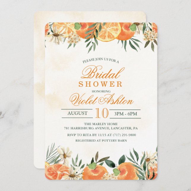 Invitación a la ducha de novia floral Naranja de a (Anverso / Reverso)