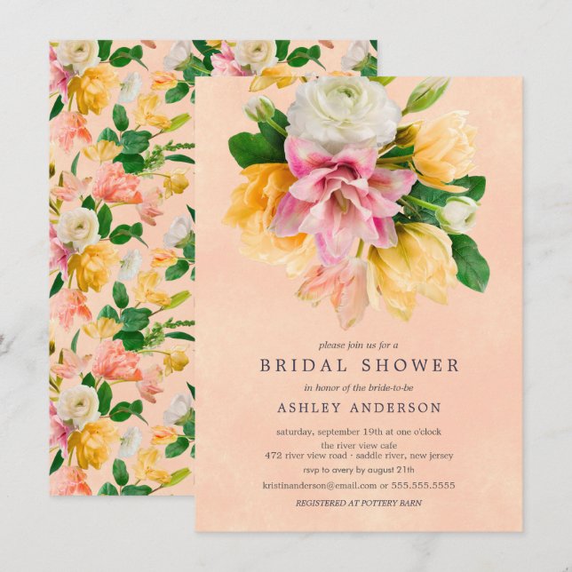 Invitación a la ducha de novia floral Peach Meadow (Anverso / Reverso)