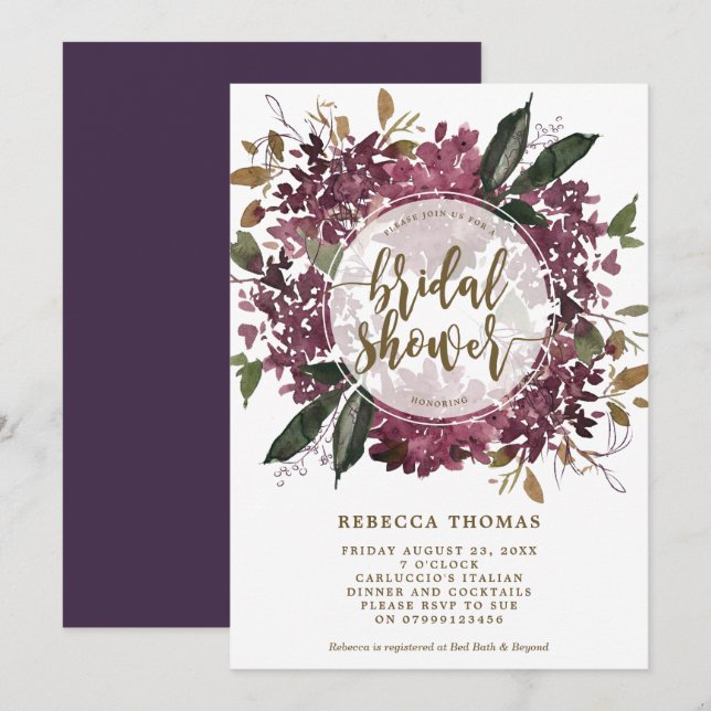 invitación a la ducha de novia floral púrpura (Anverso / Reverso)