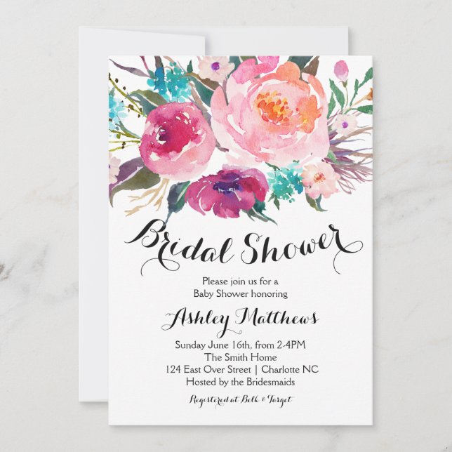 Invitación a la ducha de novia floral rosa brillan (Anverso)