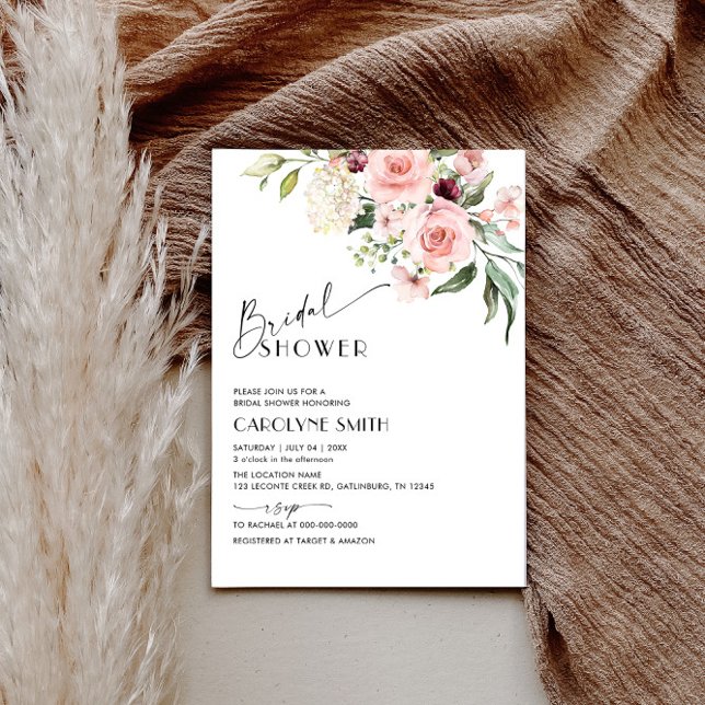 Invitación a la ducha de novia floral rosa de colo (Watercolor Blush Pink Floral Bridal Shower Invitat Invitation)