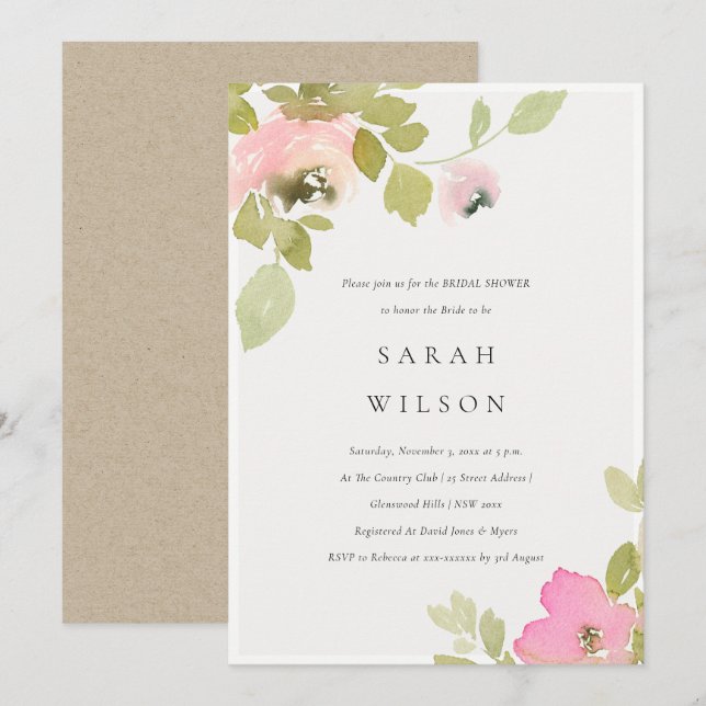 Invitación a la ducha de novia floral Rosa de Rubo (Anverso / Reverso)