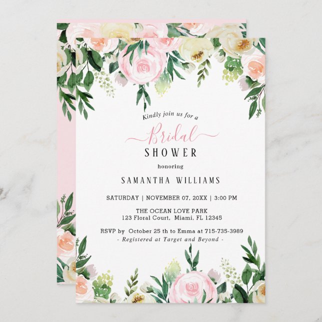Invitación a la ducha de novia floral rosa de Rubo (Anverso / Reverso)