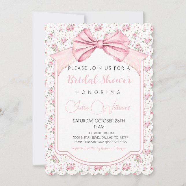 Invitación a la ducha de novia floral rosa de vaca (Anverso)