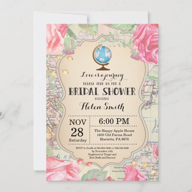Invitación a la ducha de novia floral rosa de viaj (Anverso)
