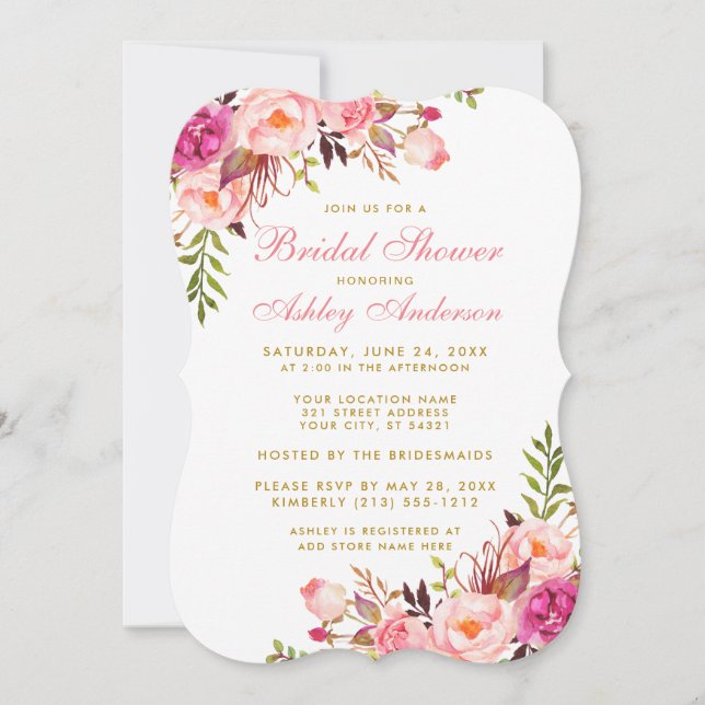 Invitación a la ducha de novia floral rosa Rubor G (Anverso)