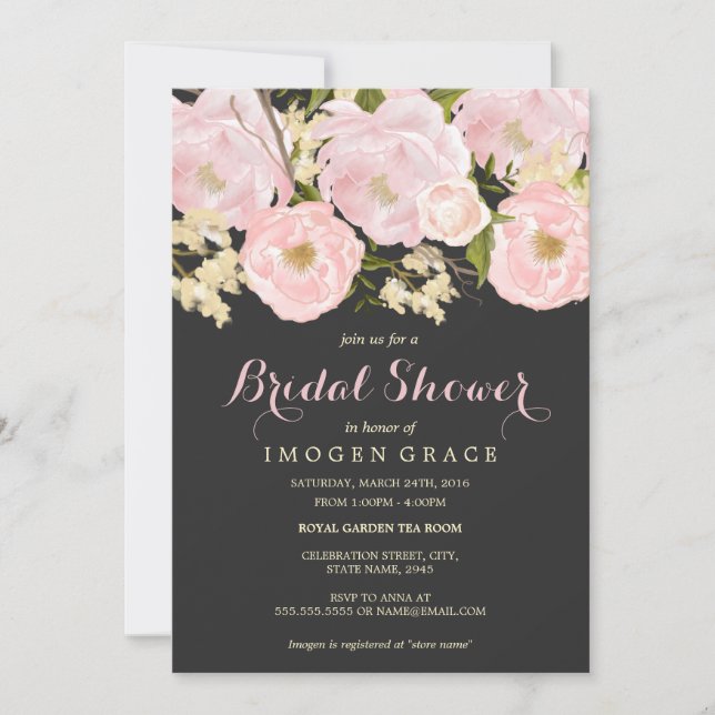Invitación a la ducha de novia floral rosa y gris  (Anverso)