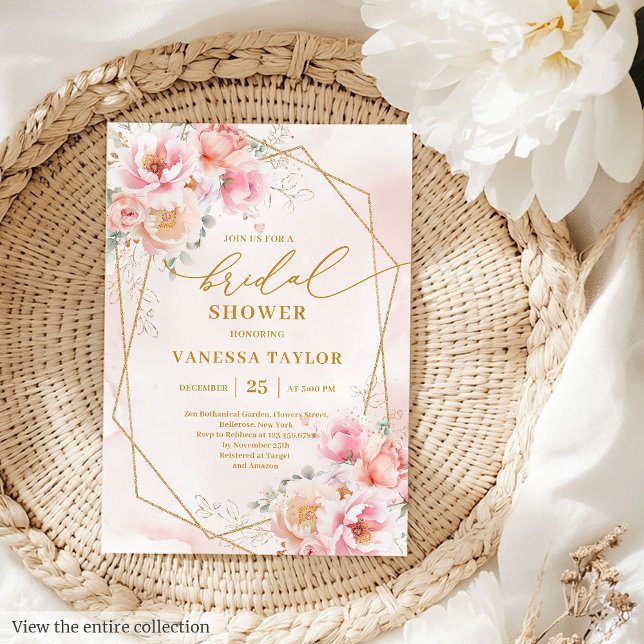 Invitación a la ducha de novia floral Rubor Gold B (Luxury Boho Blush Gold Floral Bridal Shower Invitation)