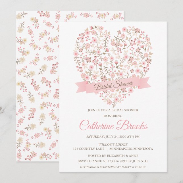 Invitación a la ducha de novia floral suave rosa (Anverso / Reverso)