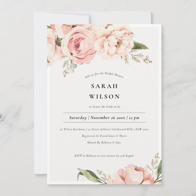 Invitación a la ducha de novia floral suave Rubor  (Anverso)