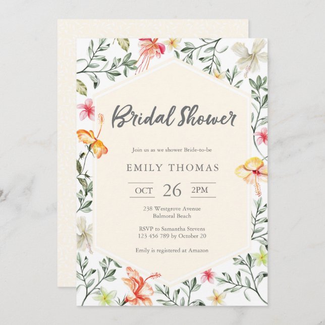 Invitación a la ducha de novia floral tropical (Anverso / Reverso)