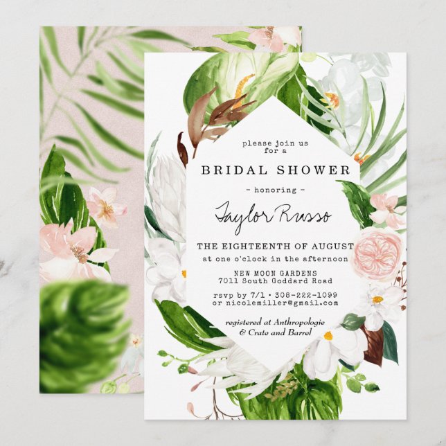 Invitación a la ducha de novia floral tropical Rub (Anverso / Reverso)