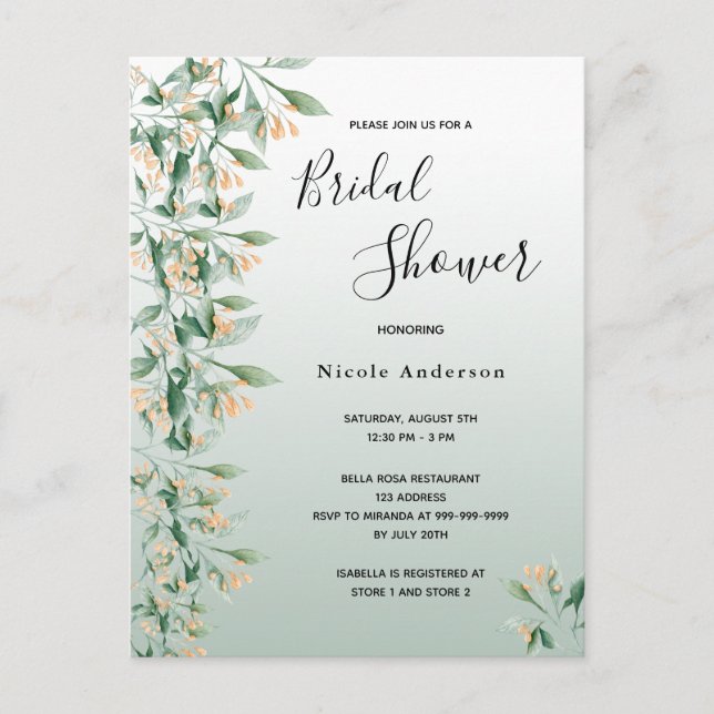 Invitación a la ducha de novia floral verde sabio (Anverso)
