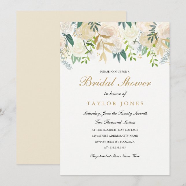 Invitación a la ducha de novia Gold Floral Leaf (Anverso / Reverso)