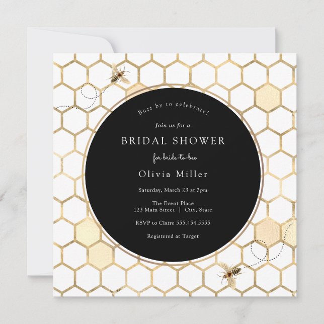 Invitación a la ducha de novia Golden Bee (Anverso)