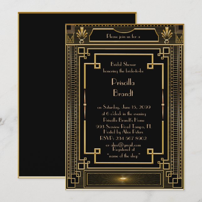Invitación a la ducha de novia, gran oro metalizad (Anverso / Reverso)