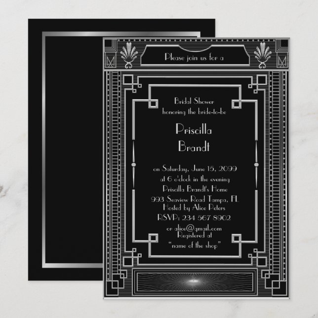 Invitación a la ducha de novia, gran plata negra d (Anverso / Reverso)