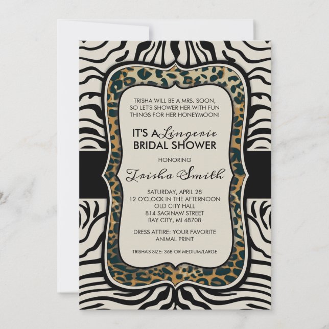 Invitación a la ducha de novia impresa en animales (Anverso)