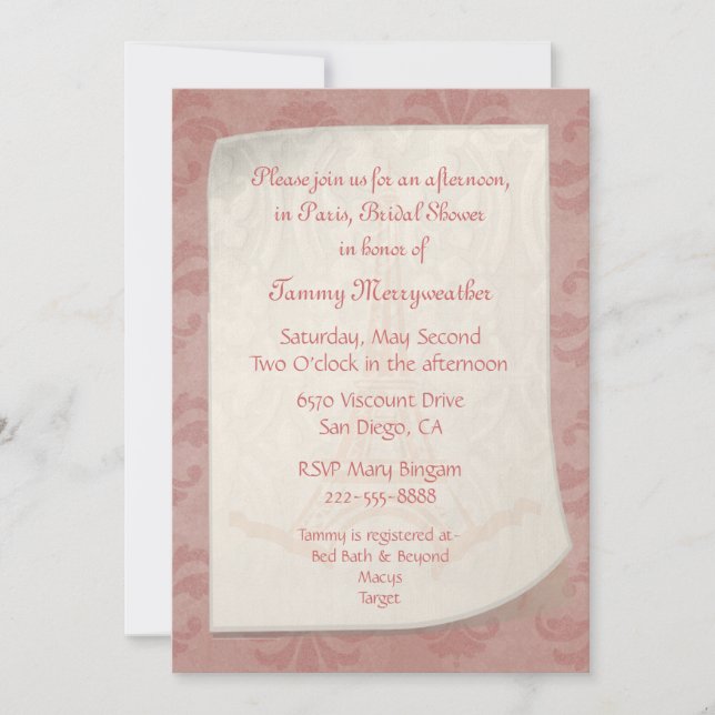 Invitación a la ducha de novia inspirada en París (Anverso)