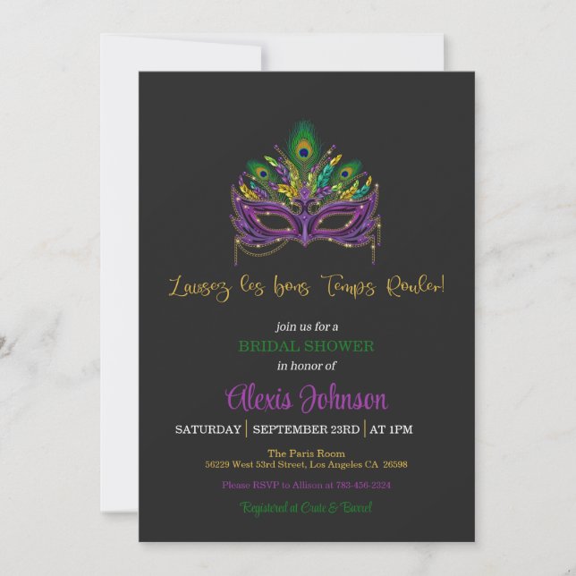 Invitación a la ducha de novia Mardi Gras (Anverso)