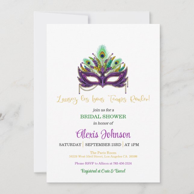 Invitación a la ducha de novia Mardi Gras - Blanco (Anverso)