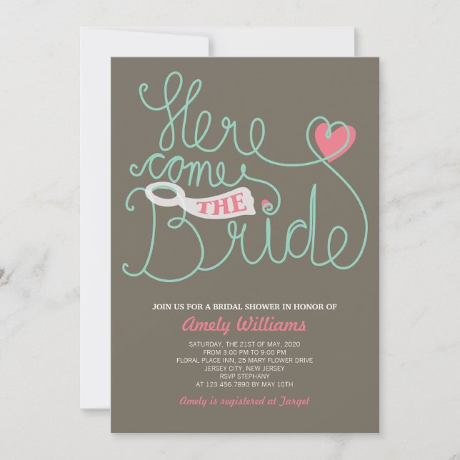 Invitación a la ducha de novia marrón rosa con let (Anverso)