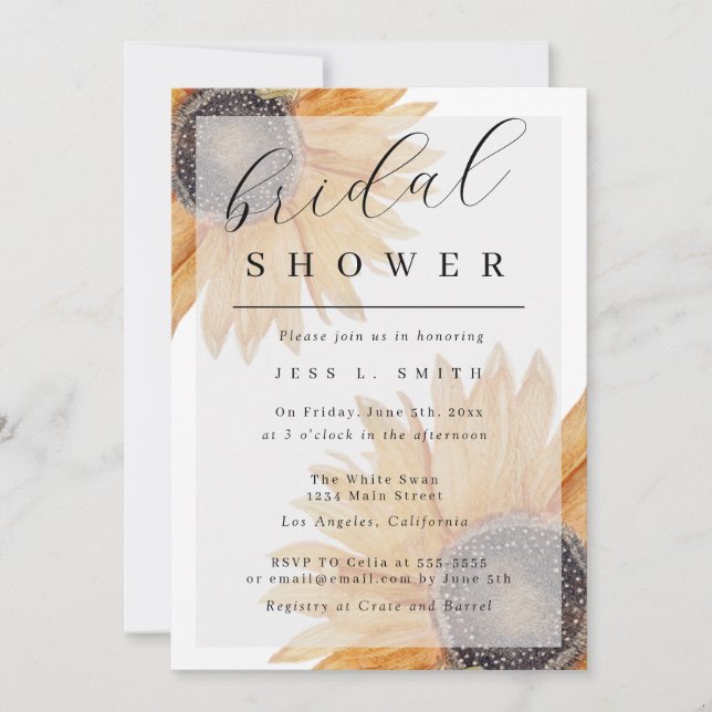 Invitación a la ducha de novia moderna con girasol (Anverso)