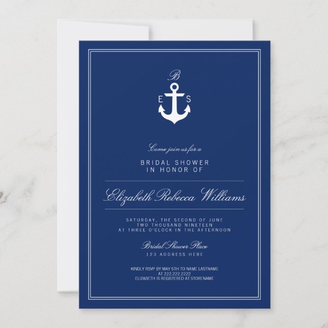 Invitación a la ducha de novia monograma azul de l (Anverso)