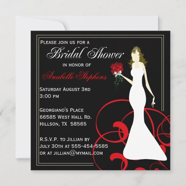Invitación a la ducha de novia negra y roja (Anverso)