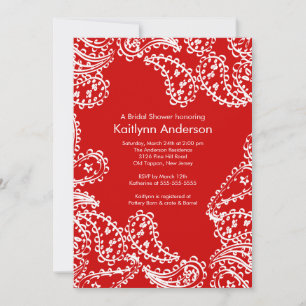 Invitación a la ducha de novia Paisley rojo blanco