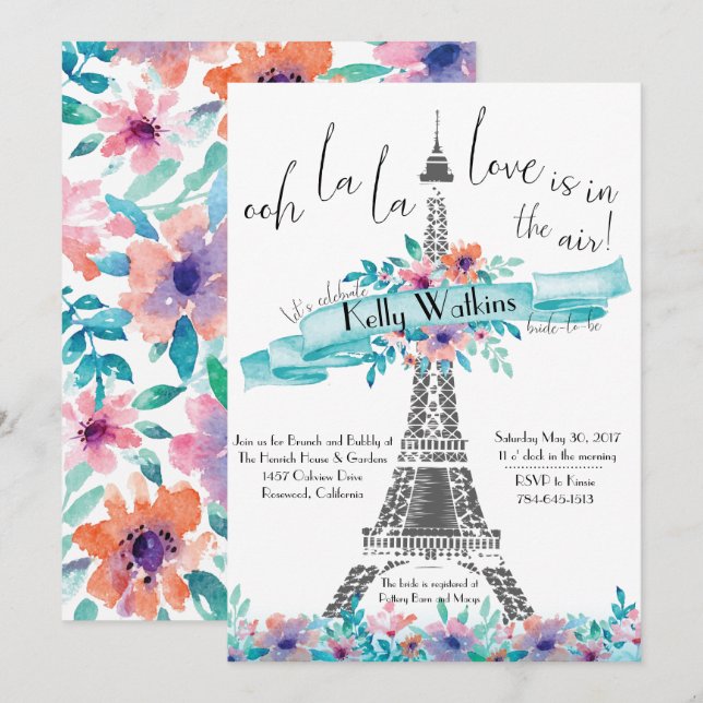 Invitación a la ducha de novia - París, floral (Anverso / Reverso)