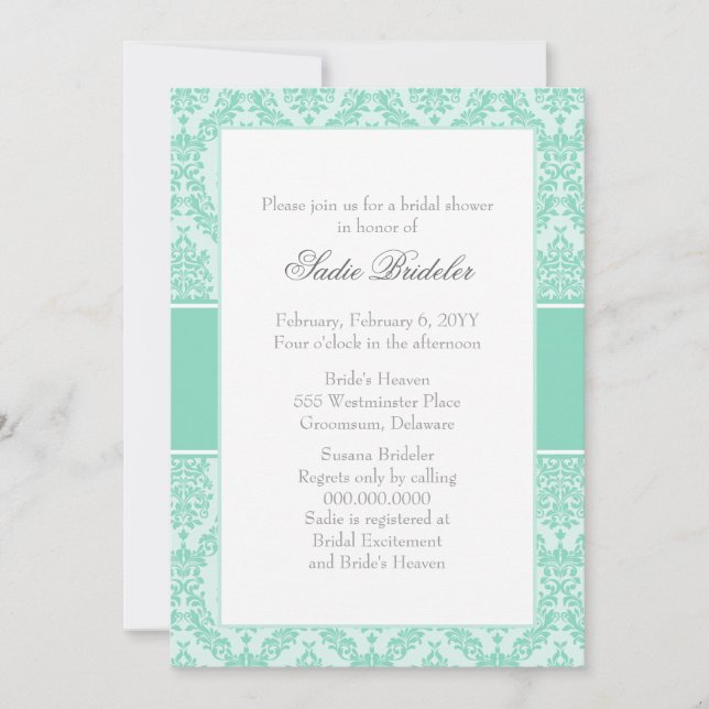 Invitación a la ducha de novia Pearl Aqua Damask (Anverso)
