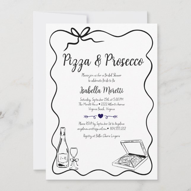 Invitación a la ducha de novia Pizza y Prosecco (Anverso)